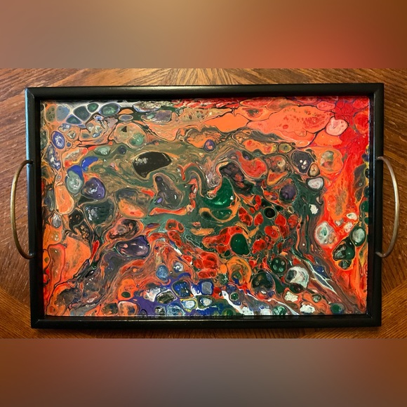 Gorgeous Handmade Original Colorfully Painted Wooden Brass Handle Serving Tray! - Picture 14 of 15